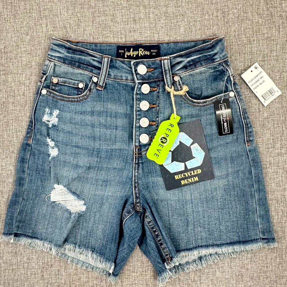 NEW! Indigo Rein Button Down Shorts Size 1/ 24 Waist Cut Offs Distressed Jeans